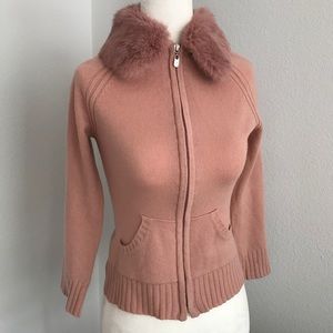 SOLD!  Bebe Pink cashmere cardigan w/removable fur