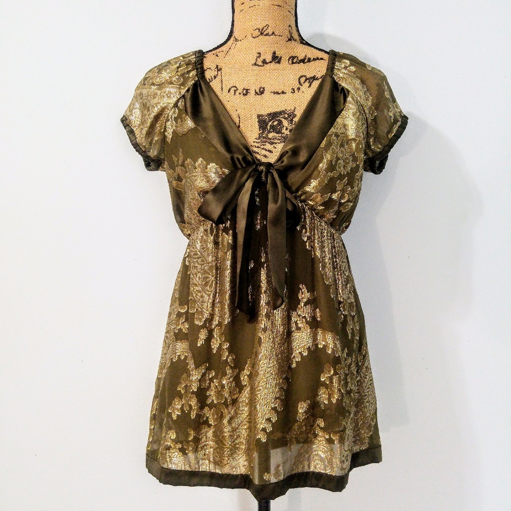 Hale Bob Silk Empire Waist Gold & Green Top size M