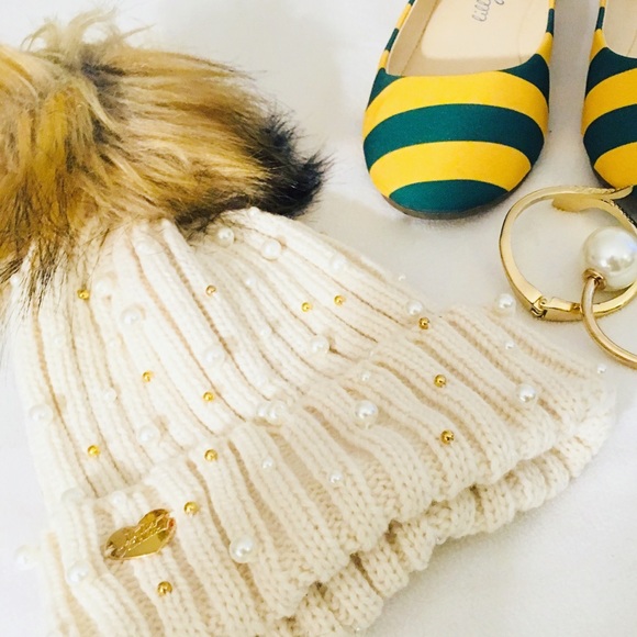 Betsey Johnson Accessories - Betsy Johnson Pearl Studded Pom Pom Wool Hat
