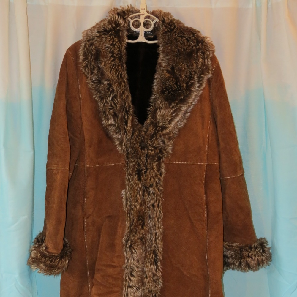 Long leather fur lined coat with matching hat