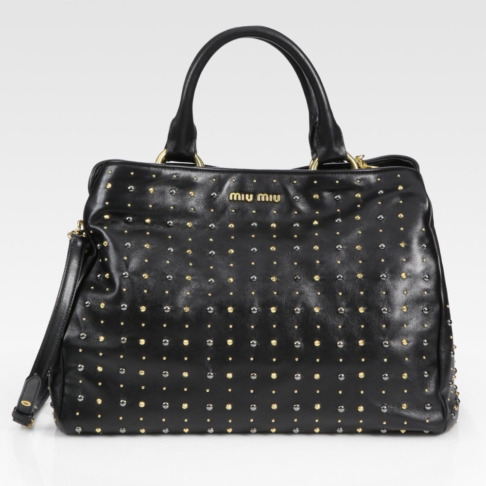 Rock Studded Leather Top Handle Bag by Miu Miu