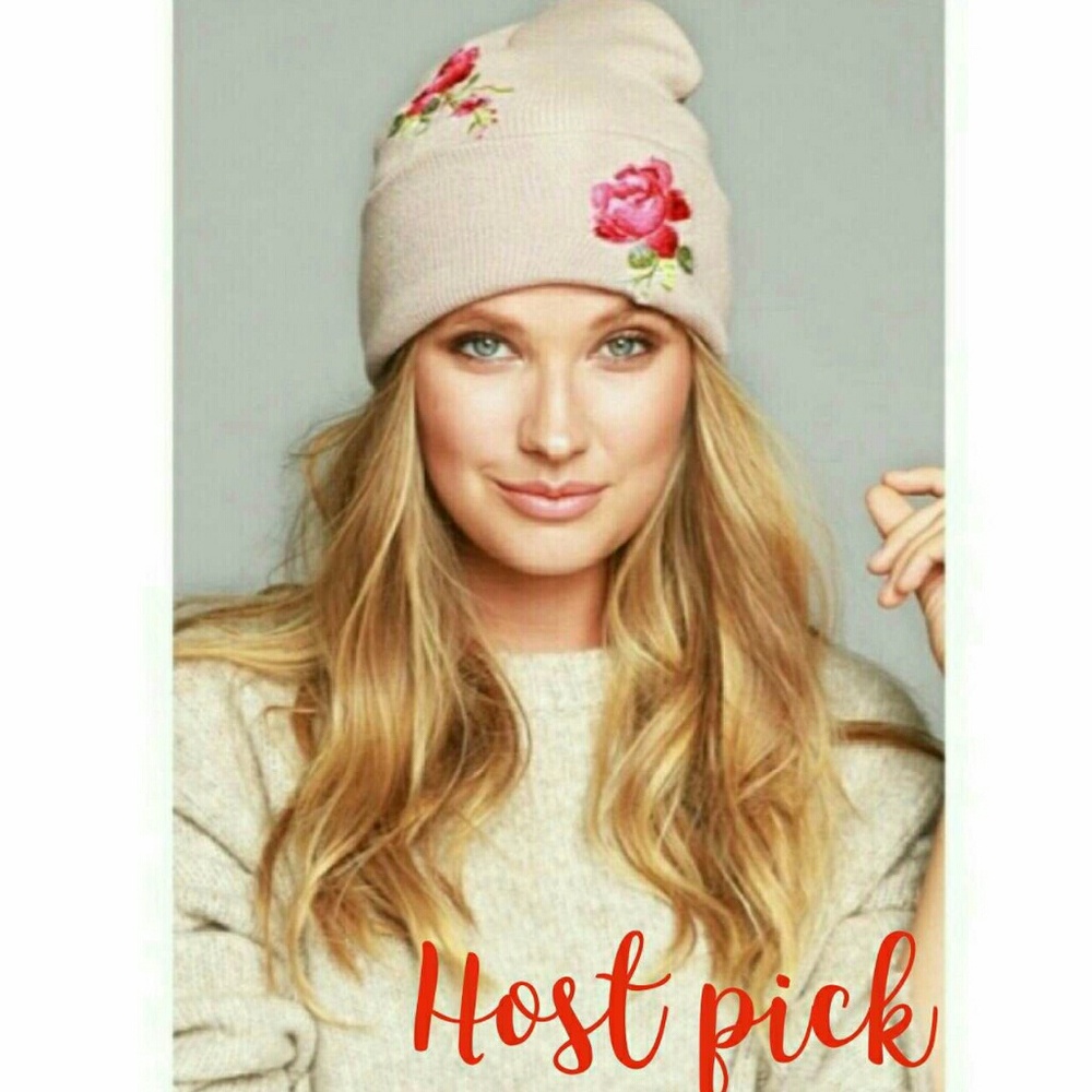 ❄HP❕ Dusty Pink 🌹 embroidered Knit Beanie hat - Picture 2 of 6