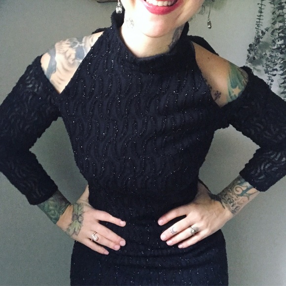 Vintage Dresses & Skirts - *SALE!* Vintage Cold Shoulder Black Shimmer Dress