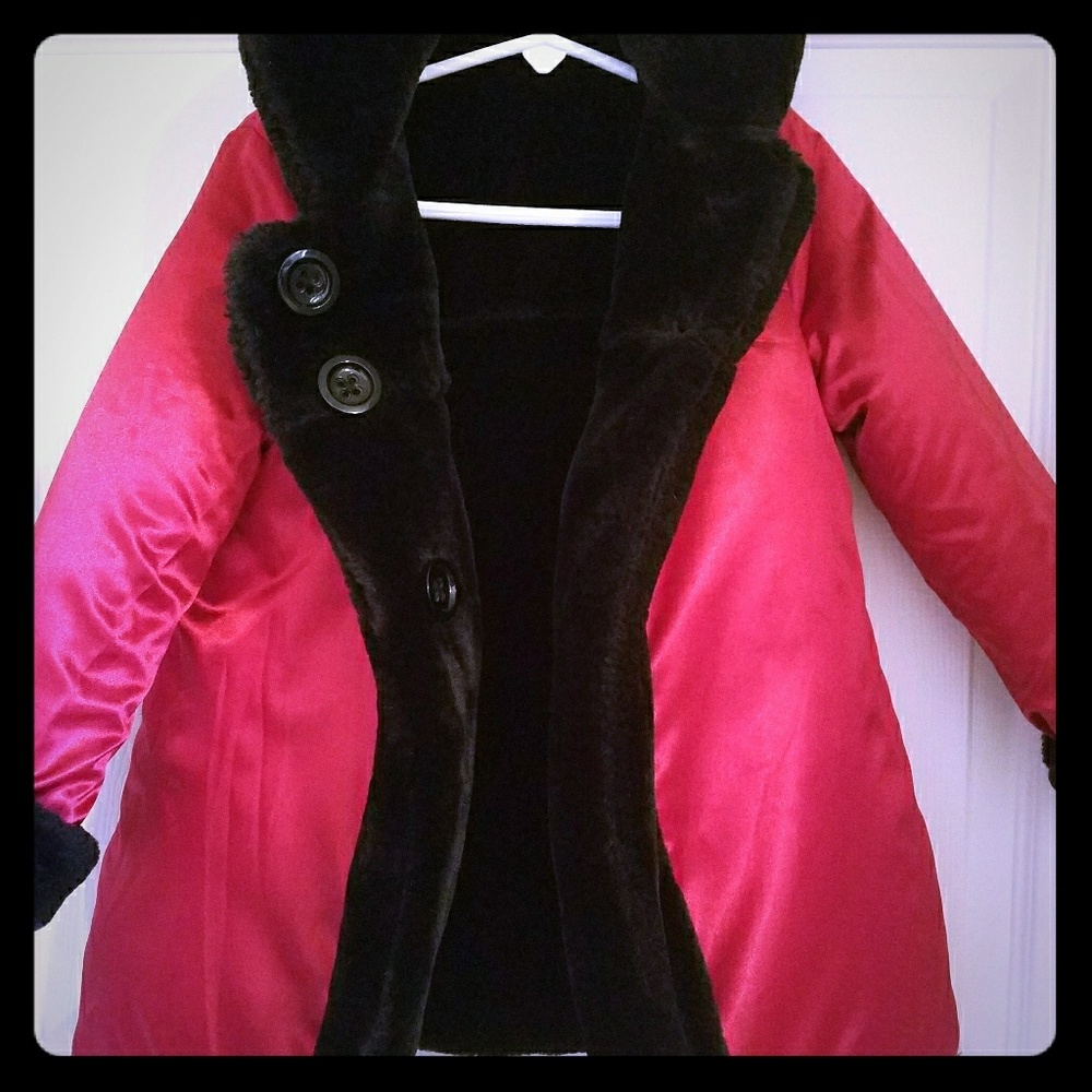 Reversible red satin and black faux fur jacket