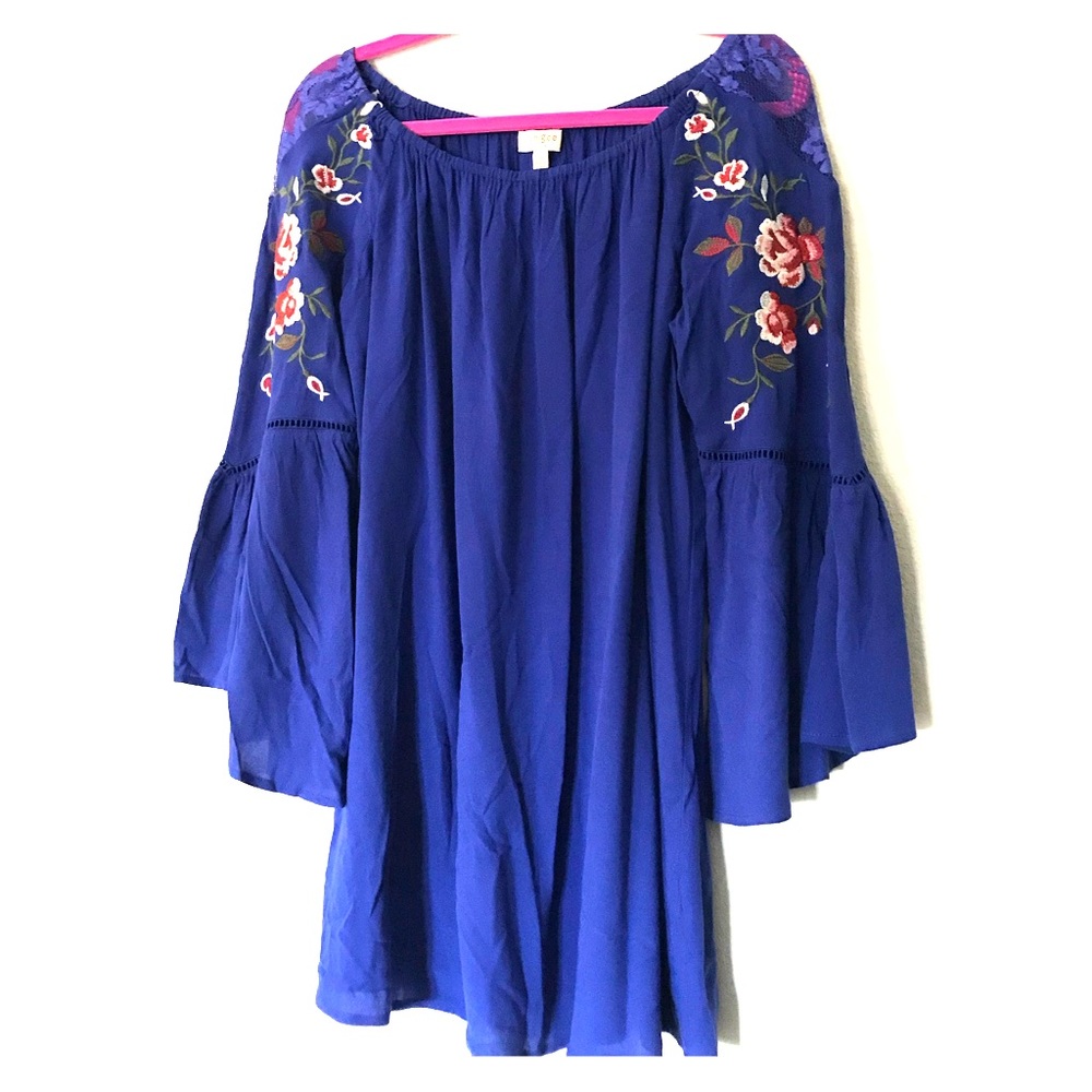 Boho Trapeze Dress with Floral Embroidered Sleeves