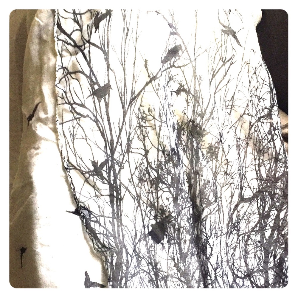 Black and off white scarf-shawl with birds/trees