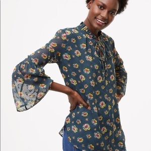 NWT Peony print tie neck, bell sleeve blouse
