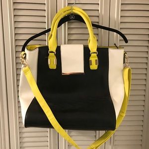 Black, white and chartreuse handbag