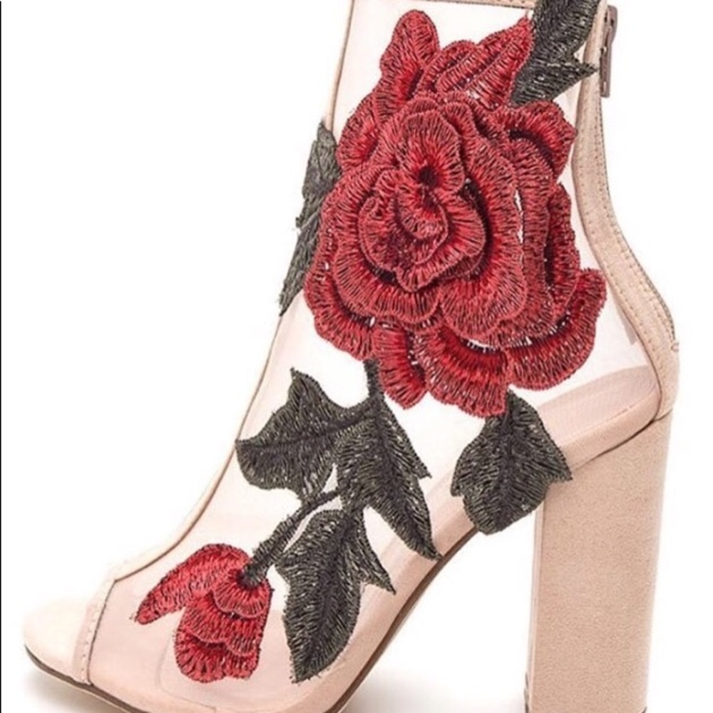 Aa’Millia-nude floral suede chunk heel.
