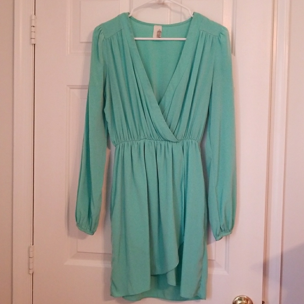 Teal deep V dress