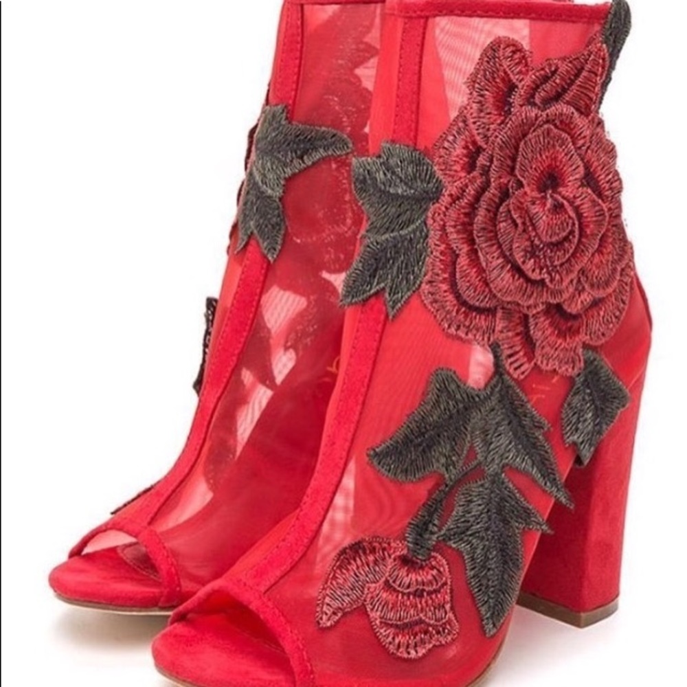 Aa’Millia-Red floral suede chunk heel.