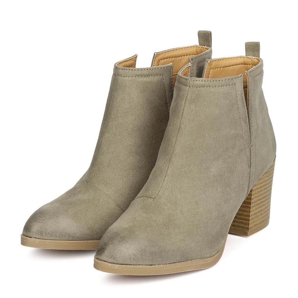 Qupid Faux Suede Pointy Toe Slit Bootie in Taupe