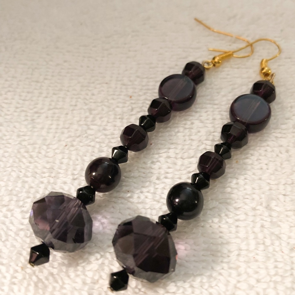 Long Purple Glass Bead Earrings Handmade 3” Long