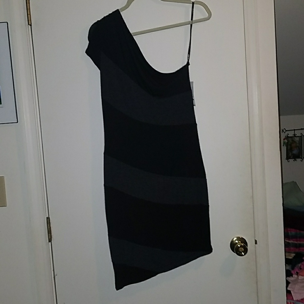 Black and Grey broad stripe one shoulder dress