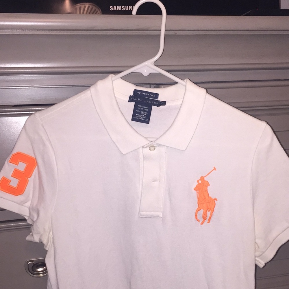 Skinny polo by Ralph Lauren with large neon horse