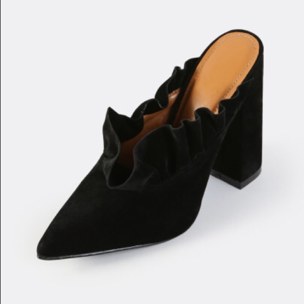 Velvet ruffle mules 5.5