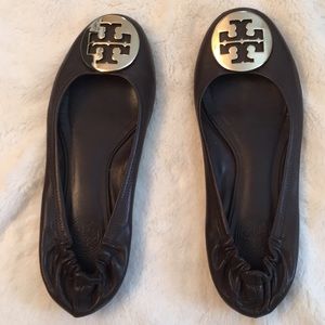 Auth Tory Burch brown leather flats 37 gold