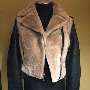 BCBG Fur and Leather Jacket w/ Detachable Sleeves