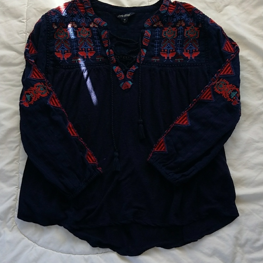 Navy Lace Up Embroidery Top - M