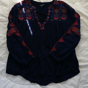 Navy Lace Up Embroidery Top - M