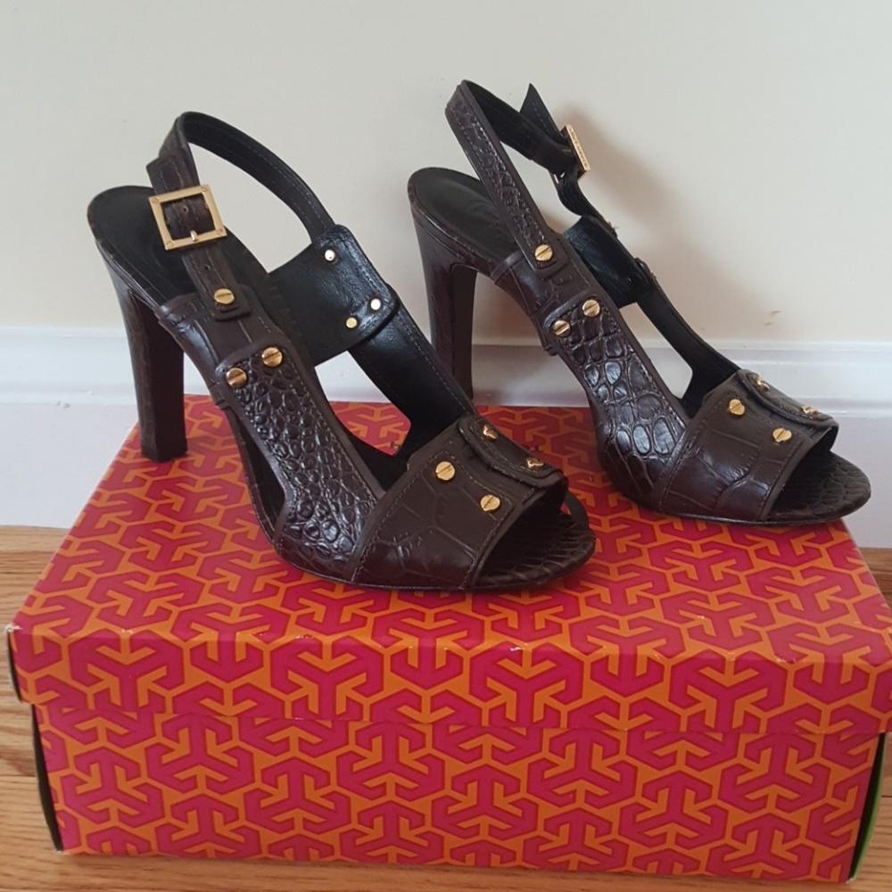 Tory Burch brown crocodile leather sling back heel