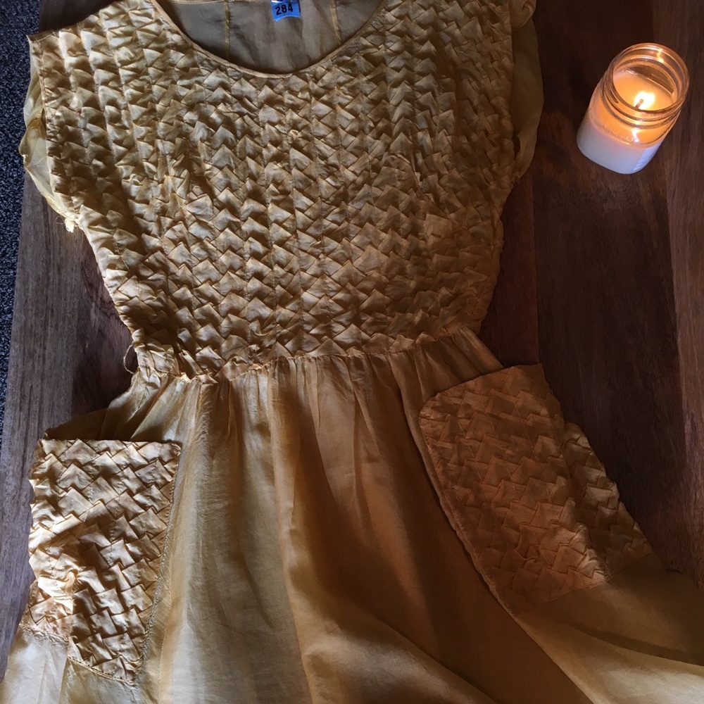 Pleated silk vintage yellow dress