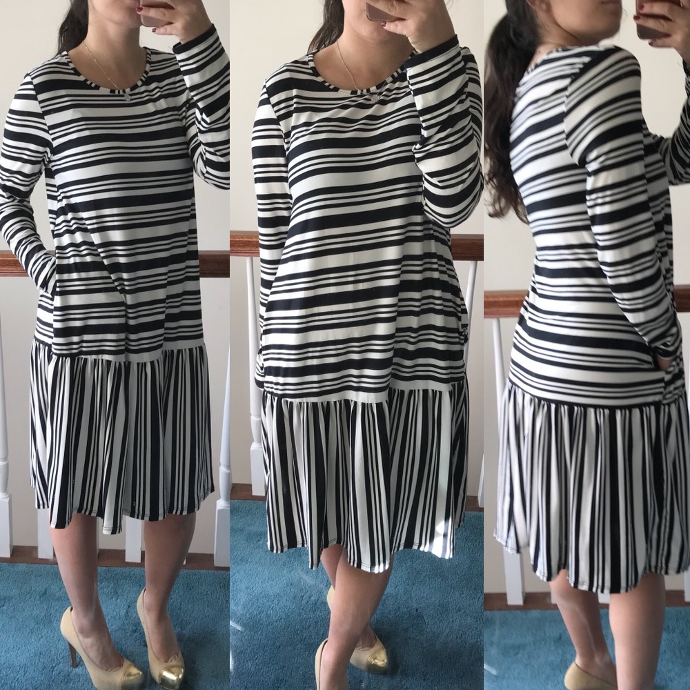 S M L black and white striped pleated dress