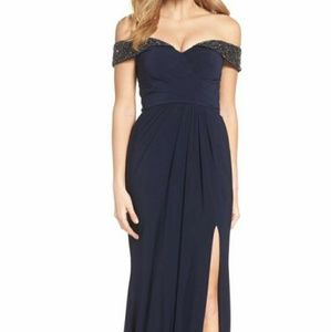 XScape Off the Shoulder Navy Gown