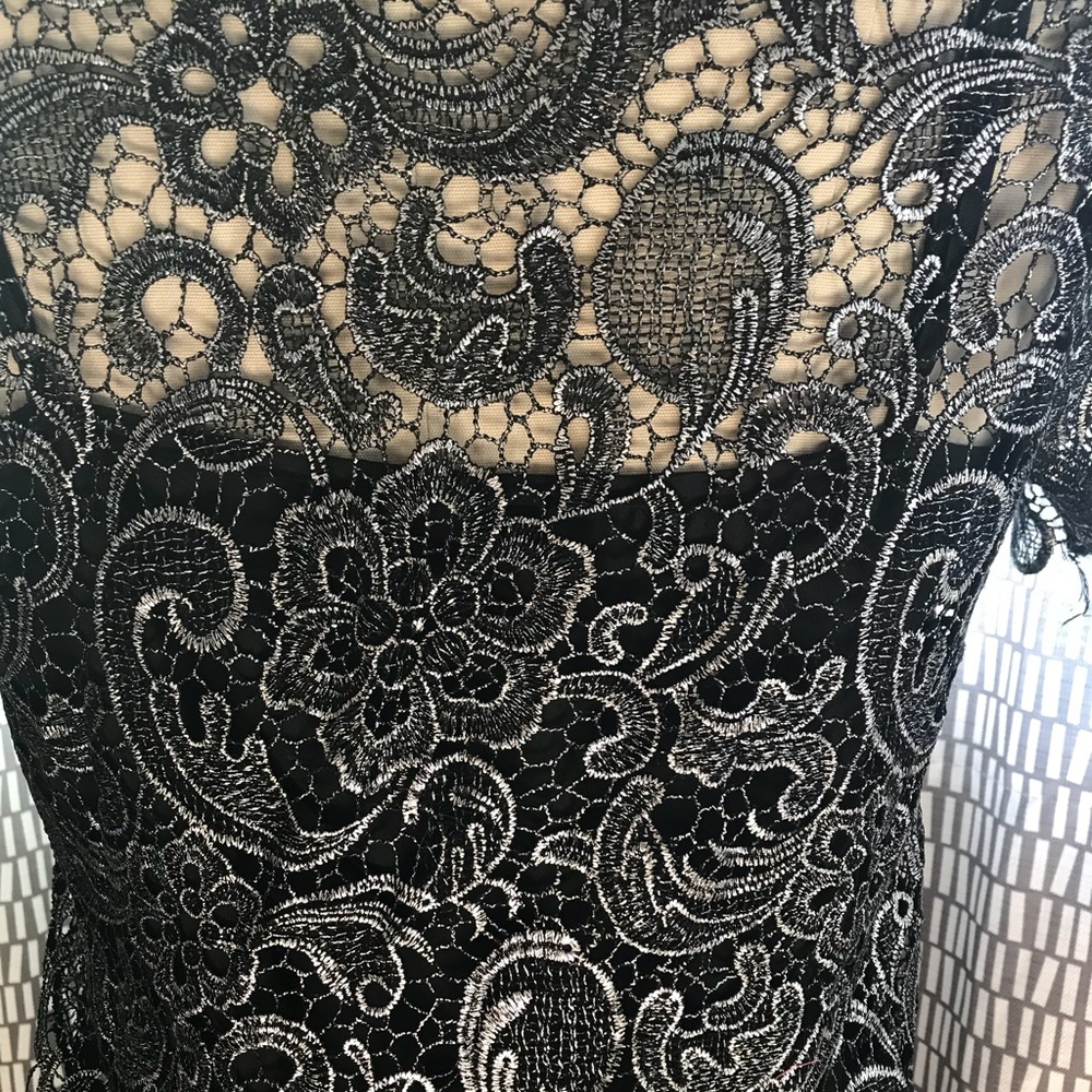 Metallic lace shift dress with black slip