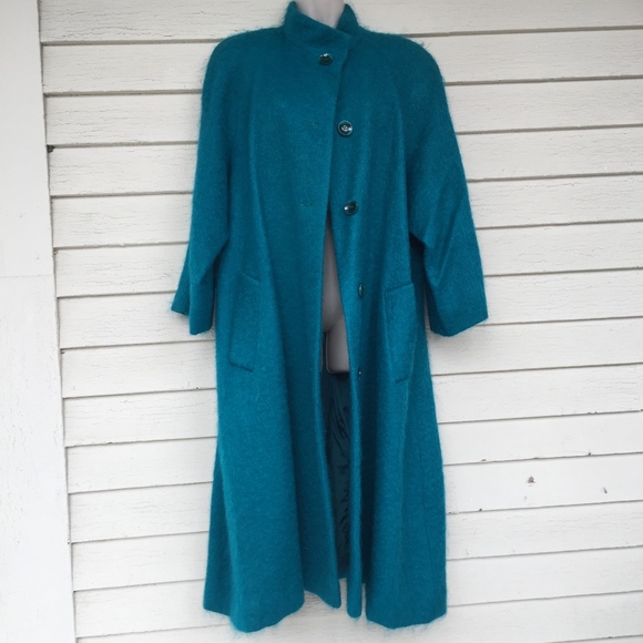 GEORGE DAVID FASHIONS teal mohair long coat - Picture 2 of 8