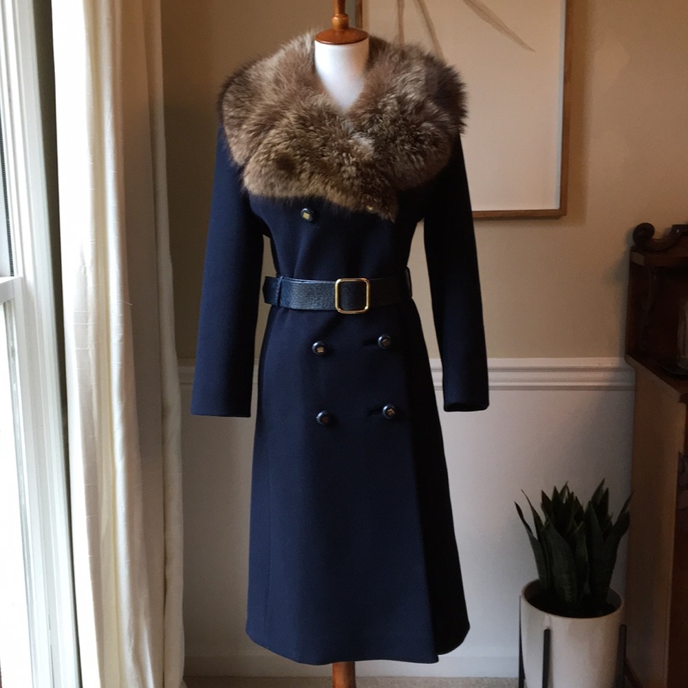 Vintage Navy Blue Coat w/ REAL Fur Collar & Belt