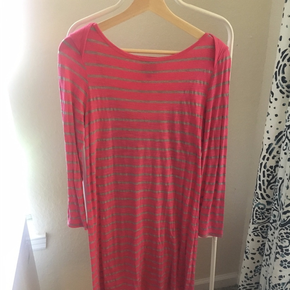 🌷Cute Pink & Tan Stripe Long Sleeve T-Shirt Dress