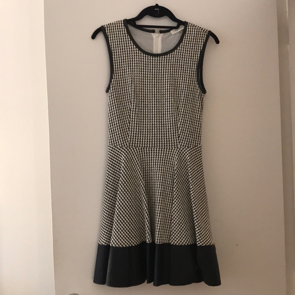 Patterned dress with faux leather trim