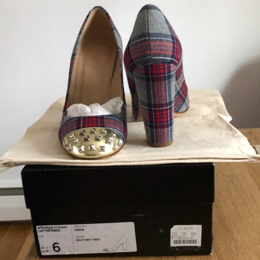 J. Crew Etta Plaid & Studded Cap Toe Pumps!
