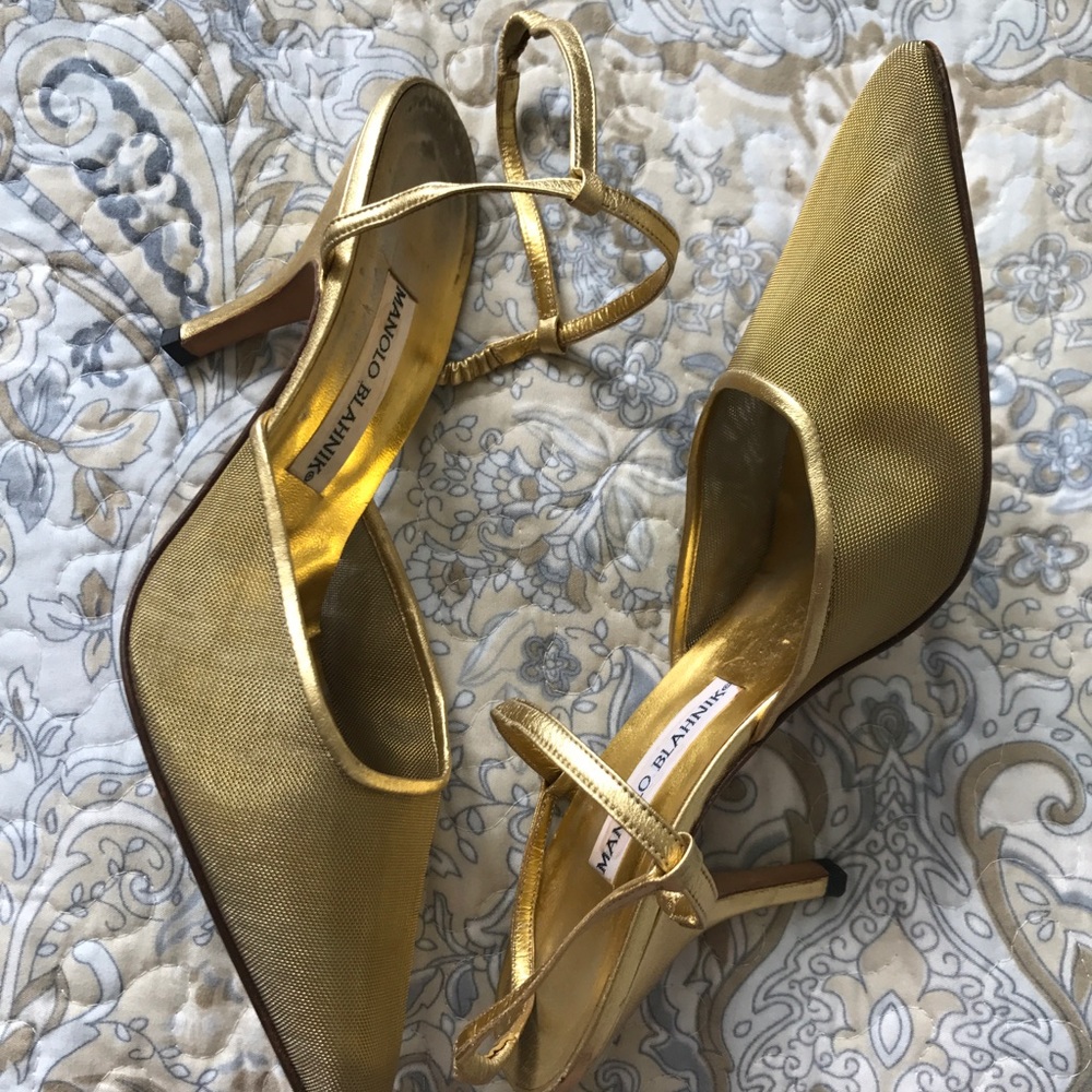 Manolo Blahnik gold mesh heels slingbacks