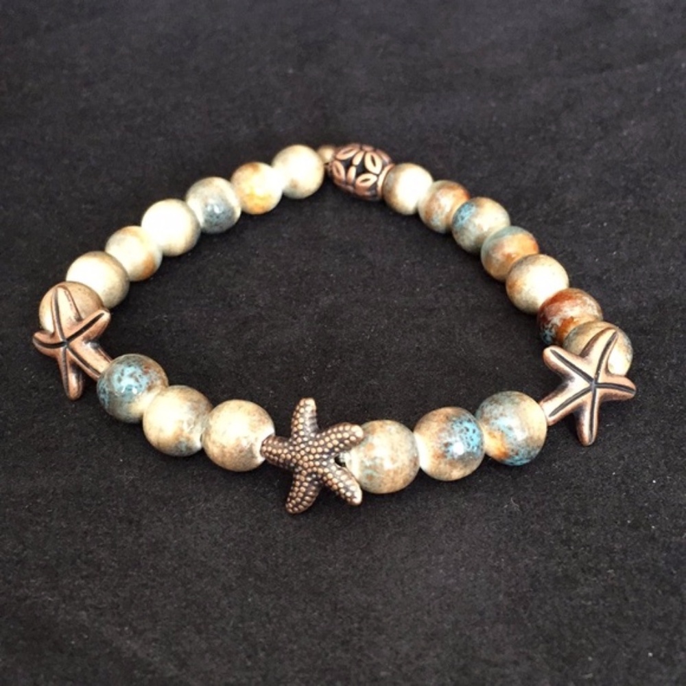 Neutral blue gray tan starfish bracelet 7.75" L