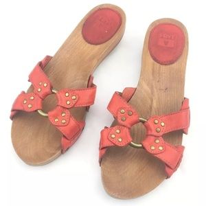 Frye Sz 9 Ellie Ring Slides Orange Wooden Sandals