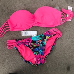 Pink top and floral bottom bathing suit