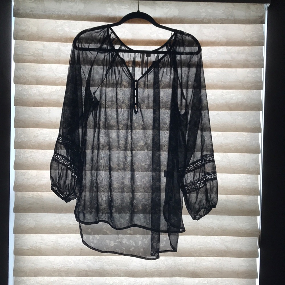 Navy floral see through blouse
