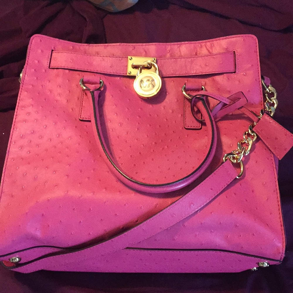 Large Michael Kors Pink Ostrich Hamilton Purse