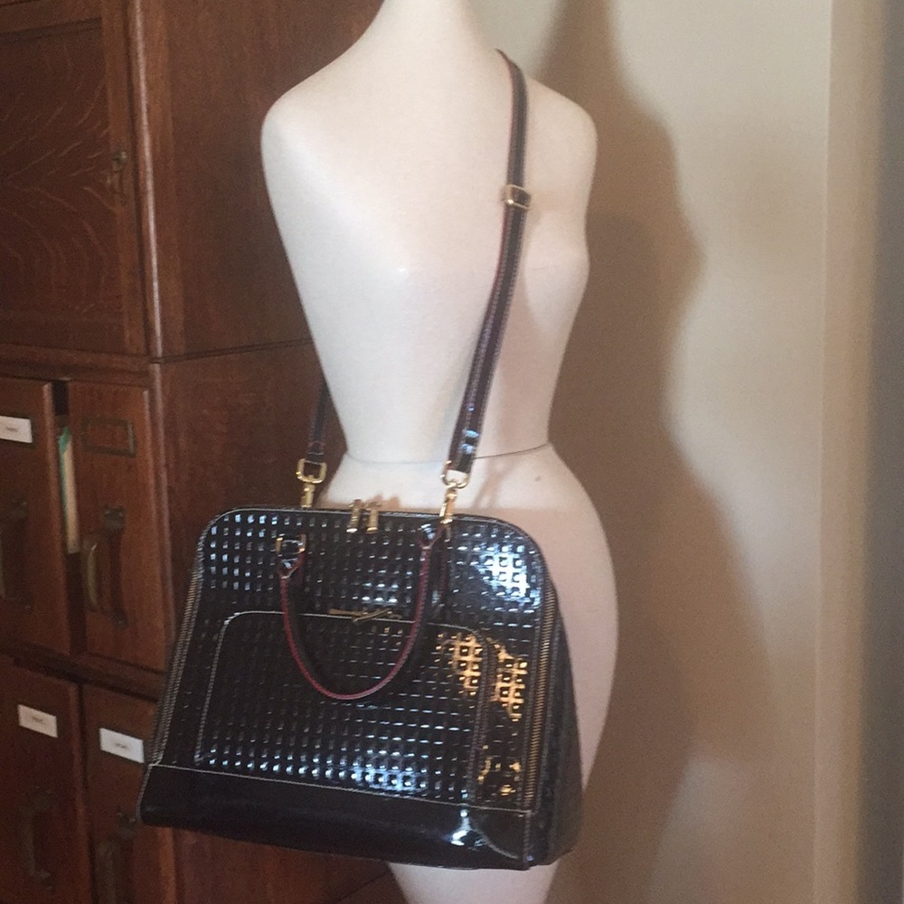 Arcadia black patent satchel bag