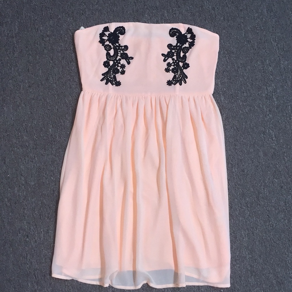 Salmon and Black lace strapless dress
