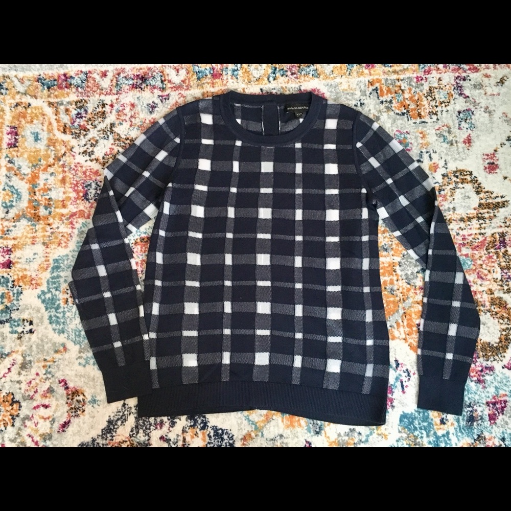 Navy Blue Plaid Crew Neck Sweater