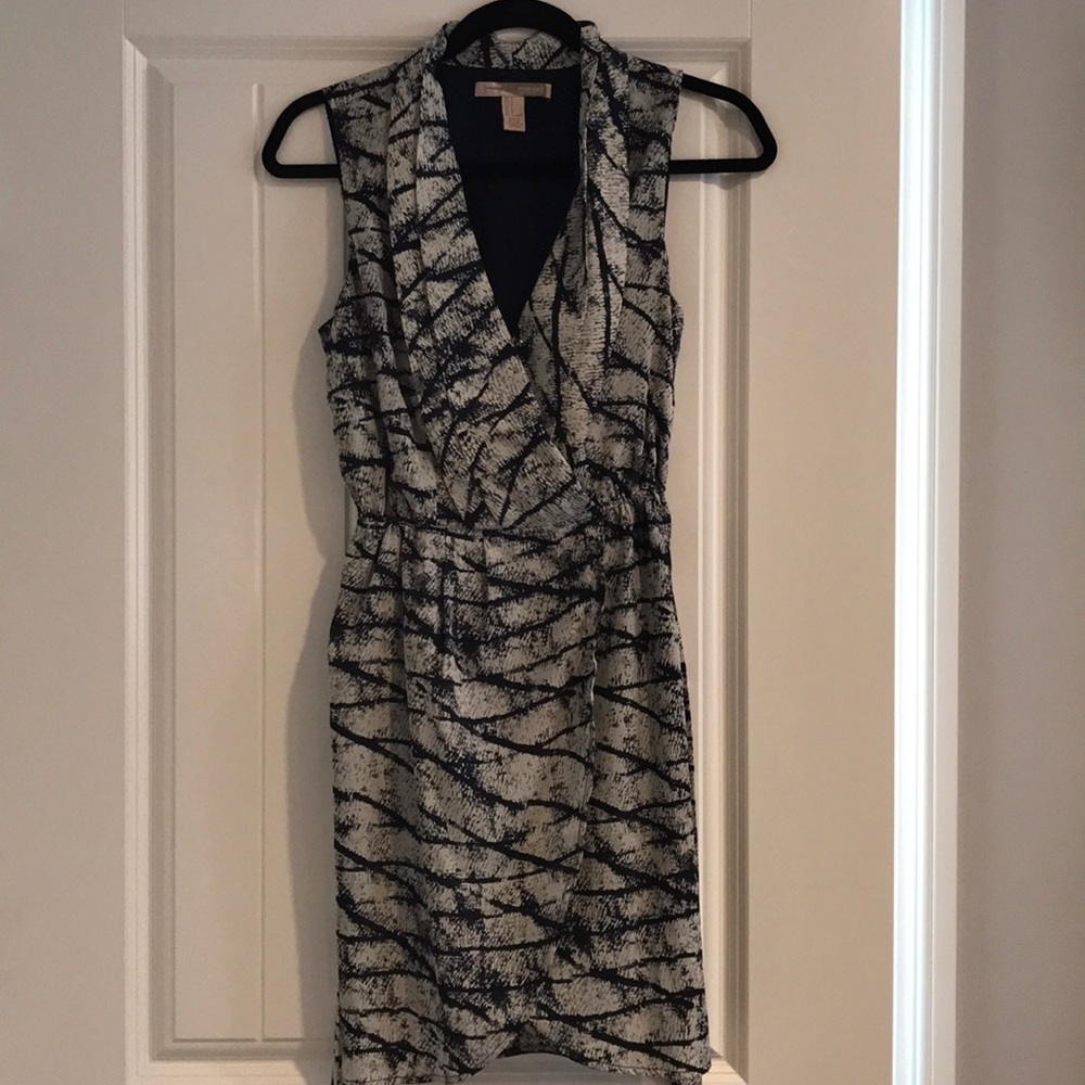 Blue and white print wrap dress