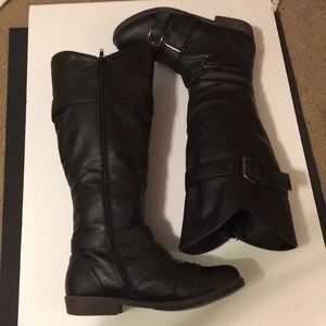 Black Faux Leather Moto Knee High Boots