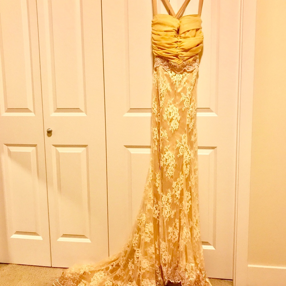 Woman gold long dress for wedding or prom