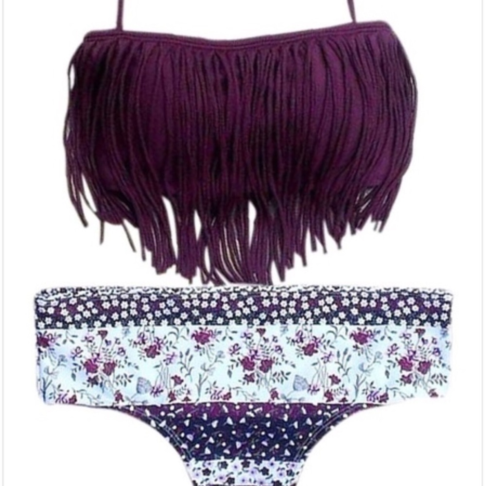 NWOT Purple Floral Tassel 2 Piece Swimsuit