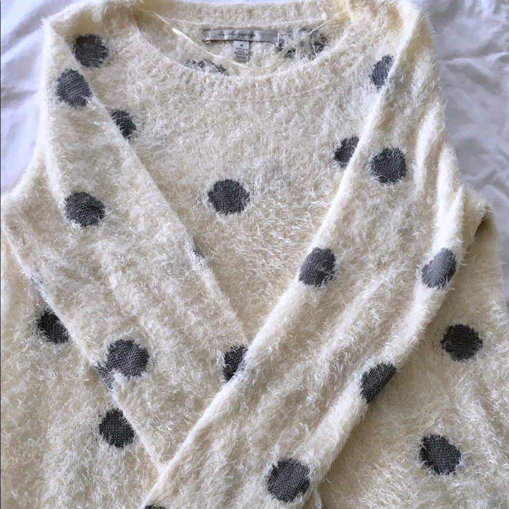 Lauren Conrad white sweater with gray polka dots