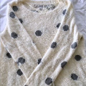 Lauren Conrad white sweater with gray polka dots