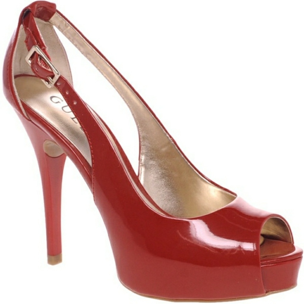 GUESS Hondo 3 Red High Heel Platform Peeptoe Pumps